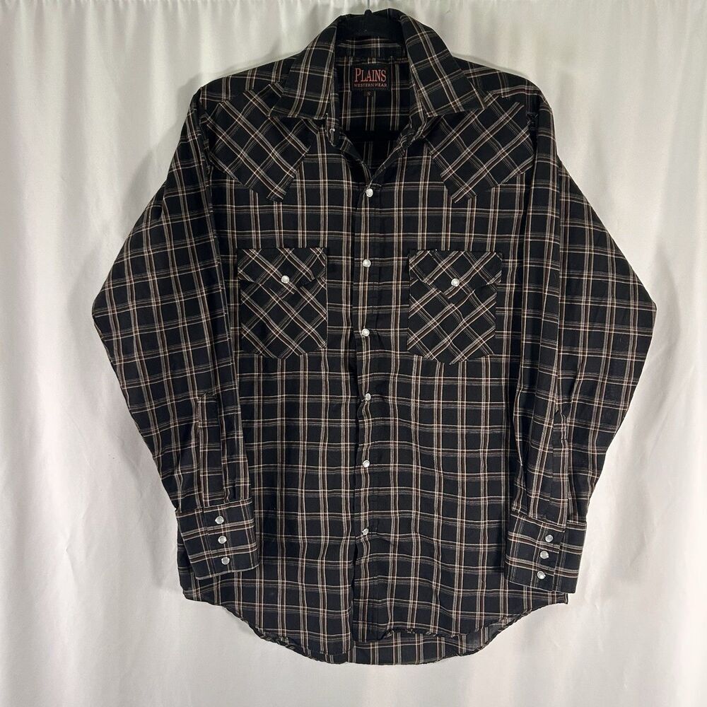 Plains Western Wear Pearl Snap Men's Small Black Plaid Long Sleeve Lightweight
